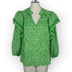 Large WhoWhatWear Kelly Green Floral Ruffle Blouse Lace Puff 3/4 Sleeve